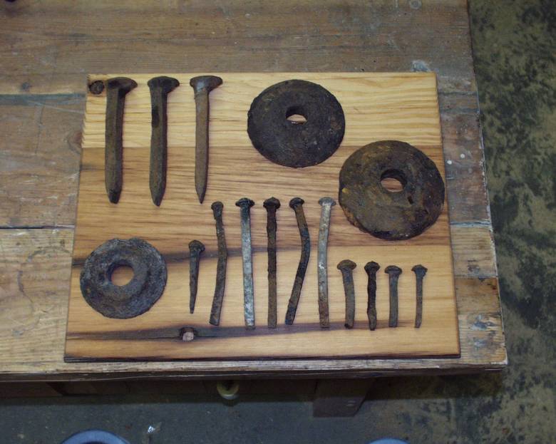 Spikes & washers / Examples of spikes and washers (many of the spikes and washers are bent)