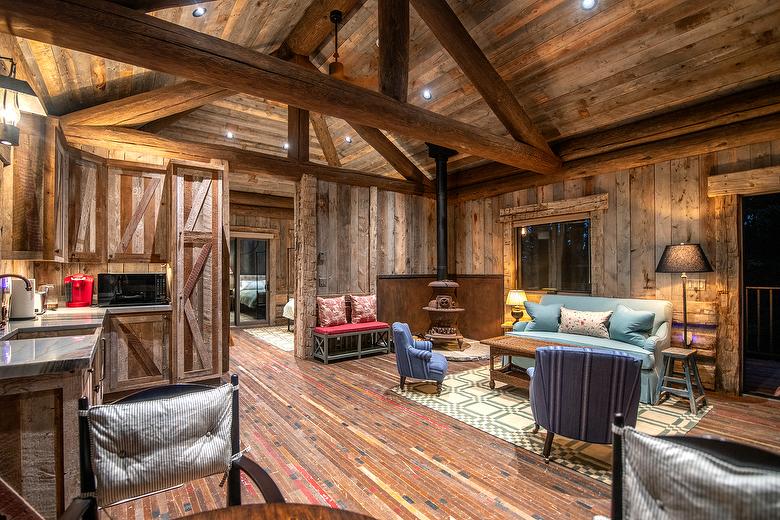 Antique Gray Board-to-Board Wall and Ceiling with Hand-Hewn Timber Accents