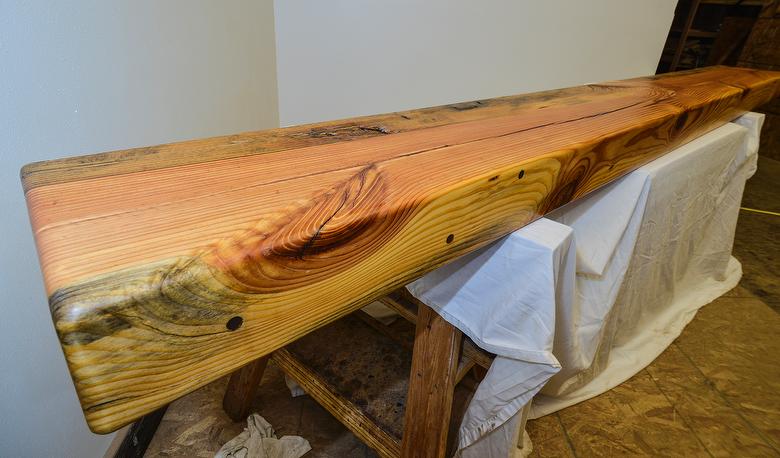 Antique Pine; Planed 3 Sides and Routered Edges with a half-inch roundover; Sanded; Tung Oil + Linseed Oil + Semi Gloss Polyurethane; Waxed with Natural Color Wax and Buffed